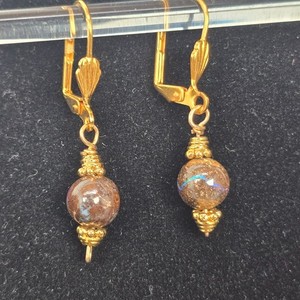 Authentic Gold-Plated Drop Dangle Lever-Back Earrings Boulder Opal Beads & Seashell Decal