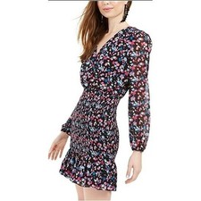 NEW Stretch Leyden Long Sleeve Smocked Mini Dress Colorful Bold Long Sleeve M