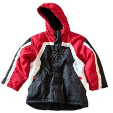 Nike Puffer Jacket Boys Size 6 Red Black White Colorblock Hooded Fleece Lined