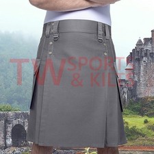 Men's Grey Utility Kilt Made Of Cotton With Two Side Pocket Two Back Pocket