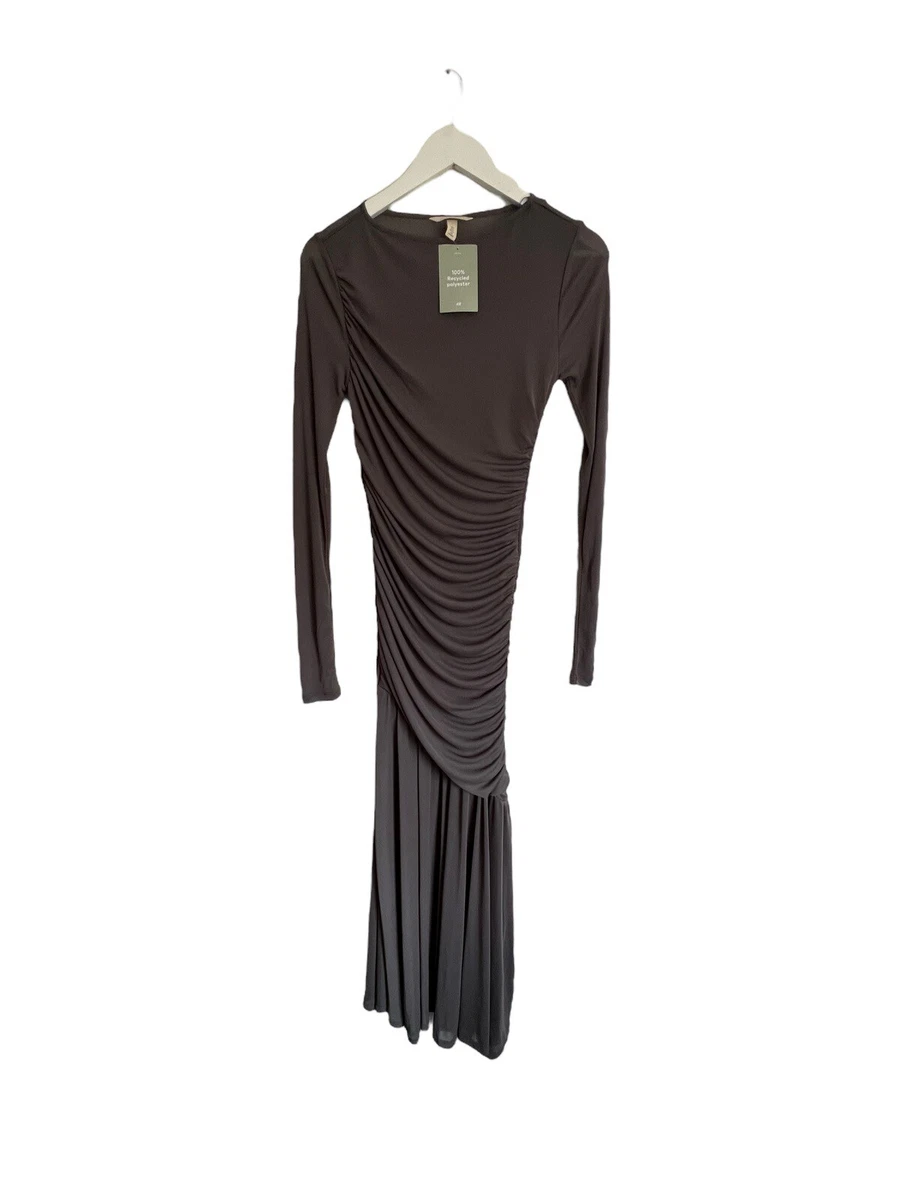 H M Grey Mesh Drop Waist Long Sleeve Dress NWT Size S 8 10 Midi Ruched Designer