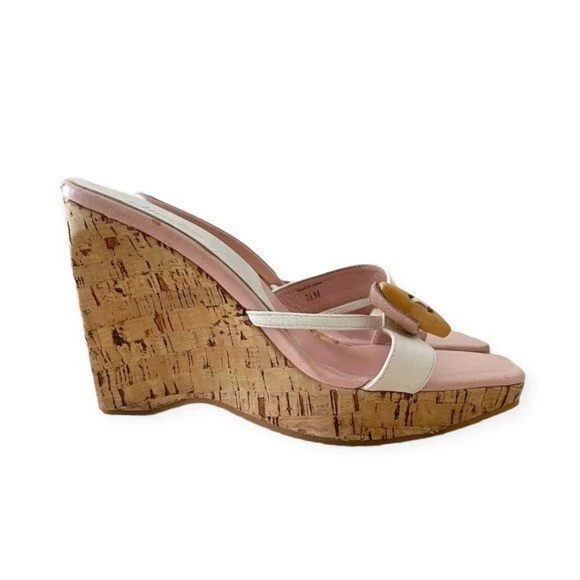 Sandalia Charles David Rosa Pálido Deslizable Cuero Blanco Corcho Cuña Puntera Cuadrada 7.5 Foto 2 de 4