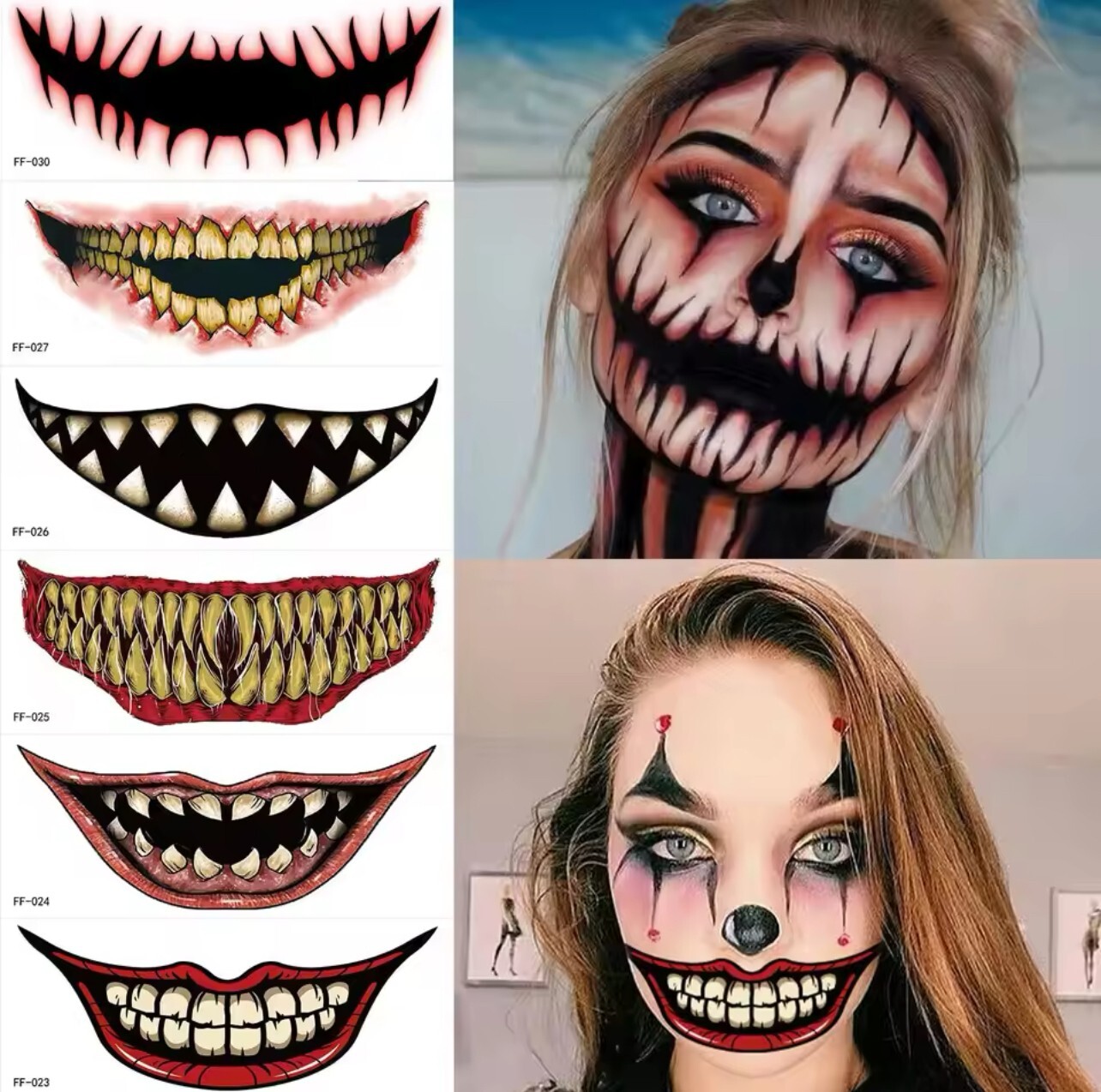 Halloween Horror Big Mouth Face Stickers Tattoo Temporary Waterproof Mask 10 pcs