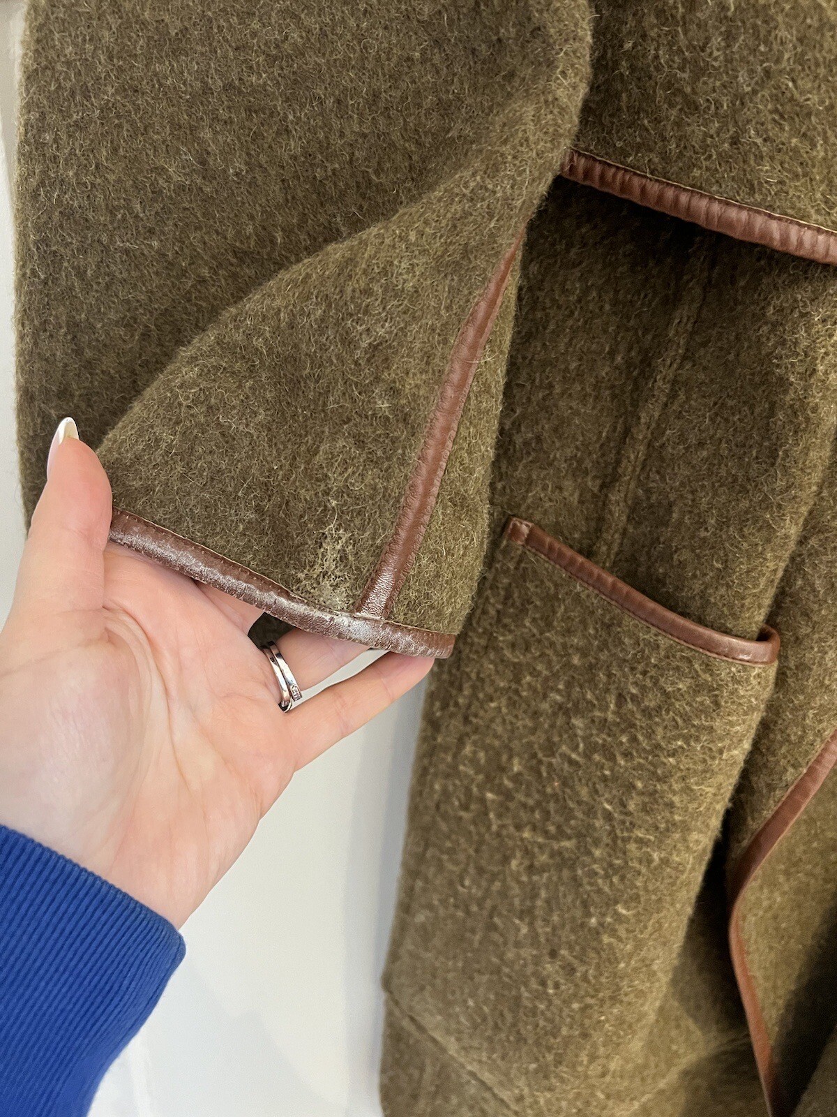 Max Mara Green Wool Leather Trim Swing Over Coat Rare UK10 Pre Owned image 6
