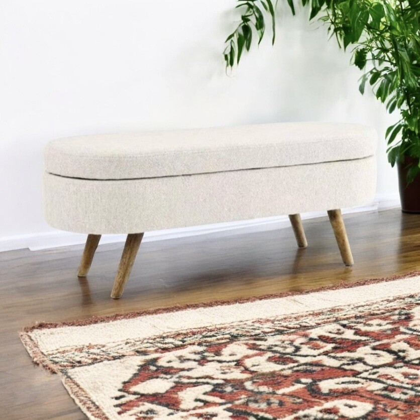 NEW West Elm White Boucle Fabric Storage Ottoman Mid-century