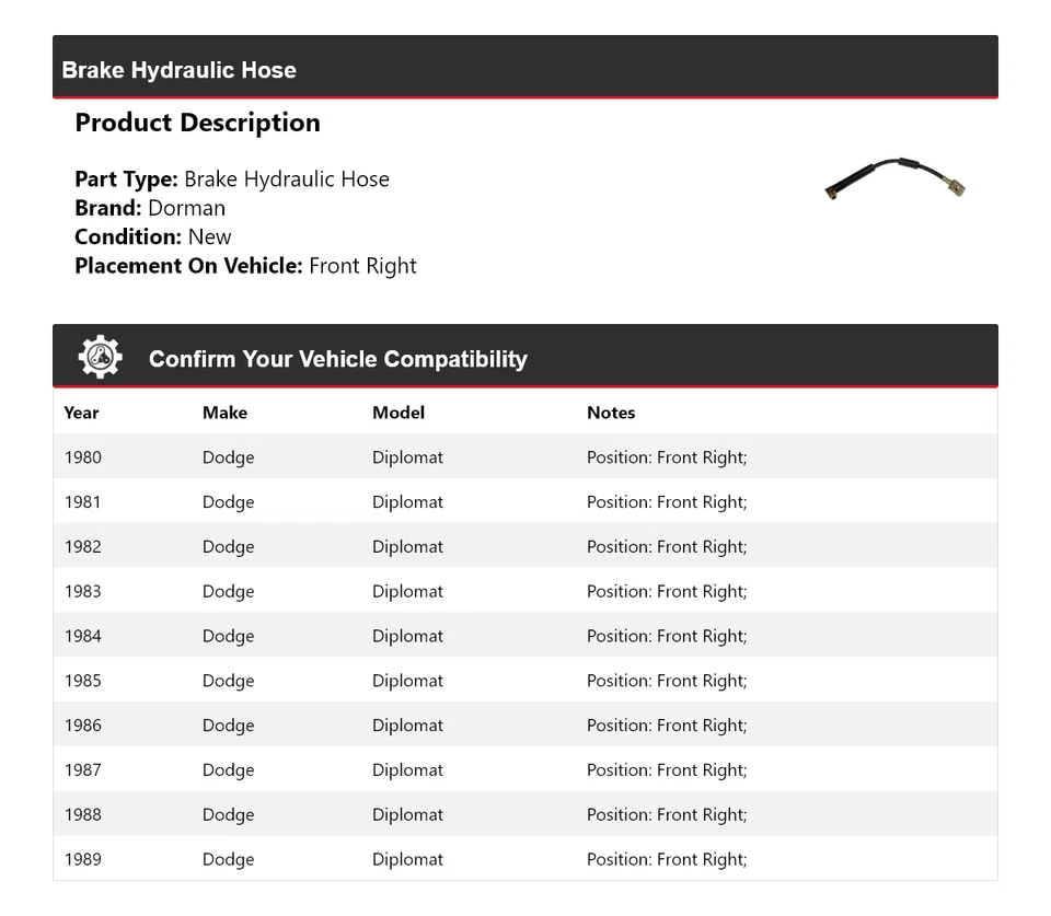 Manguera hidráulica de freno delantera derecha 1981 1982 para Dodge Diplomat Dorman 1980-1989 Foto 2 de 4