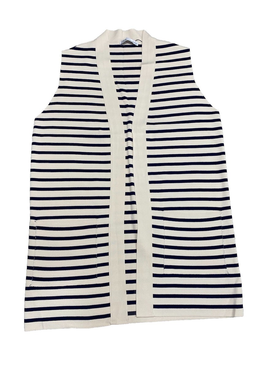 Zara, Long Striped knitted Vest, Size S Beige/ Blue