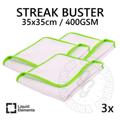 3x Liquid Elements Streak Buster Scheibenreinigungstuch Glastuch 35x35cm/400GSM