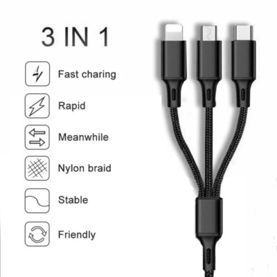 Ladekabel Multi 3in1 Schnell USB Typ-C Micro IOS Handy für iPhone Huawei Samsung