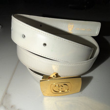 GUCCI White Dress Belt Gold Buckle Men's Designer Gold Tone Hardware