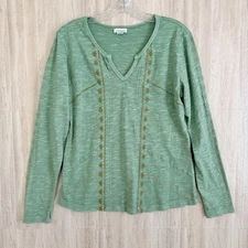 Sundance Top Women Size Small Green Embroidered Long Sleeve V Neck Shirt Casual