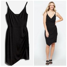 GOLDRAY Black Fraidy Size S Faux Wrap Knit Midi Dress Asymmetric Casual Basic
