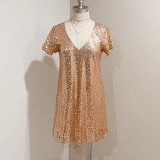 Lulus Light Up the Night Champagne Sequin Short Sleeve Shift Dress Size S