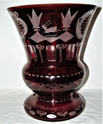 Massive Eggerman Czech Bohemian Etched Glass Ruby Red Cut To Clear Vase -10-7/8''