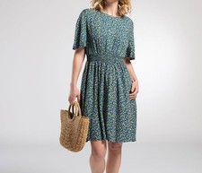 Shirred Waist Mini Dress in Blue Ditsy Floral [UK Size 14]