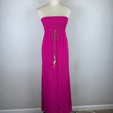 Bebe Pink Strapless Maxi Dress Boho Chic WIth Feathers & Beads XS