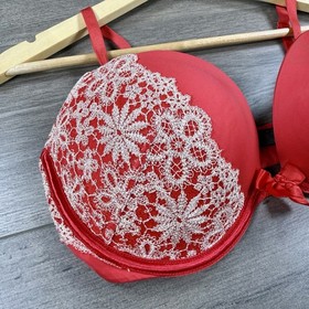 Victorias Secret Push Up Bra 36D Coral Pink Floral Lace Bow Sexy Angel Bombshell