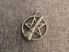 The Witchs Broom Pewter Pendant Traveling Between 2 Worlds Occult Silver Tone 1"