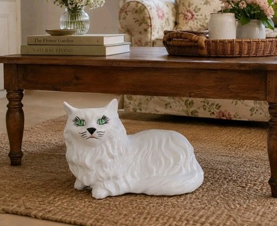 Large 16.5 In White Ceramic Persian Cat Figurine Floor Statue Cottage Decor 1980