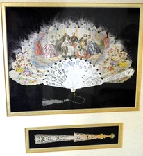 VTG HAND HELD FAN ART FEATHERED FRAMED MATTED PRINT PAINTED ROMANTIC VICTORIAN