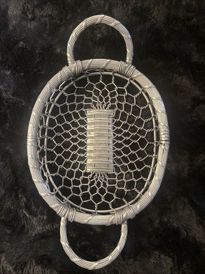 Vintage Metal Woven Basket W/ Handles Silver Aluminum Metal Bread/Fruit  MCM