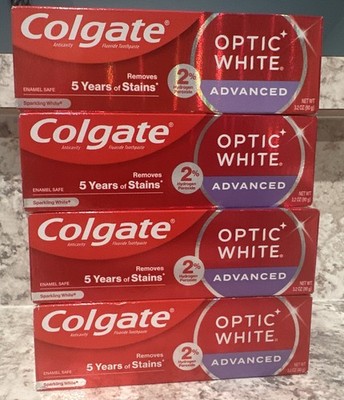 (4)Colgate Optic White Advanced Whitening Toothpaste Sparkling White 3.2oz 06/27