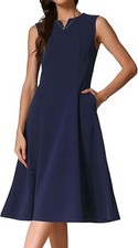 Notch V Neck Dress Women's Elegant Work Office A-Line with Pockets – Dark Blue M