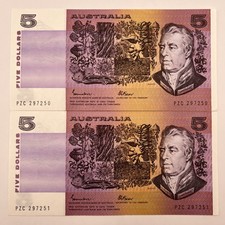 2x 1985 (R209b) $5 Consecutive Notes - gEF - Johnston / Fraser Gothic Serial