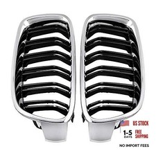 Glossy Black Frame w/Chrome Dual Slats Front Kidney Grille Grill Compatible