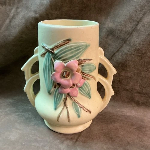 Vintage 1940s McCoy art pottery yellow vase green leaves pink flowers