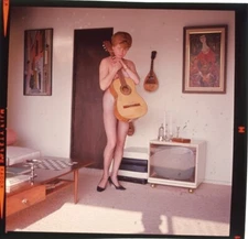 1960's Starlet Risque Leggy Pose with Guitar Original 2.25 x 2.25 Transparency