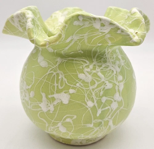 Vintage USA Shawnee Pottery Vase Lime Green & White Splatter Ruffled Top 4.5"
