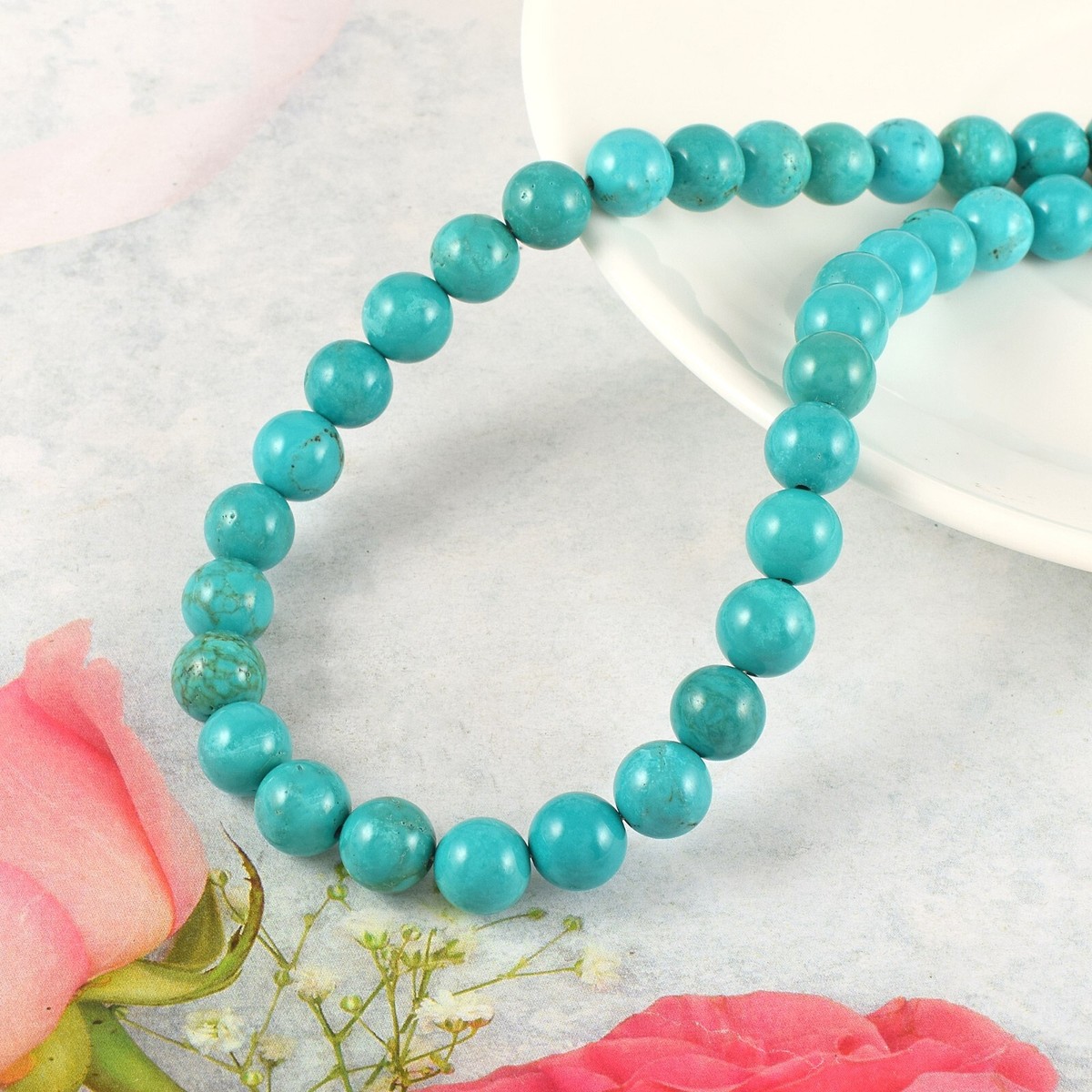 Collier Femme En Turquoise Naturelle - 18 Perles Rondes Lisses - Fait Main - Argenté - Neuf Sans Emballage