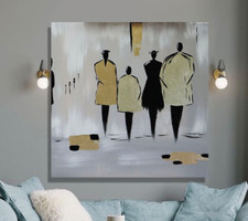 Arte da parete persone oro, grande dipinto acrilico astratto, foglia oro decorazione parete
