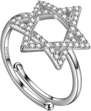Anillo judío estrella de David para mujer plata esterlina 925 circonita cúbica anillo ajustable abierto