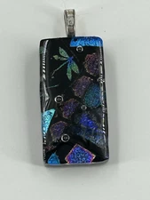 Art Glass Pendant Dragon Fly Purple Blue Glitter Rectangle 1.5 Inch No Chain