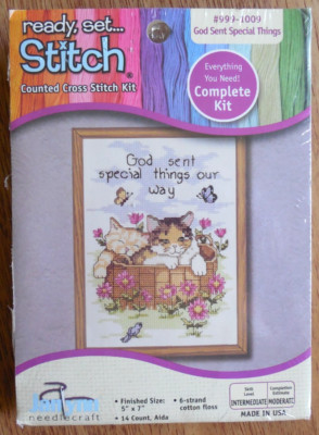 NIP Janlynn Ready, Set Cross Stitch Kit ''God Sent Special Things''  5x7  Kittens