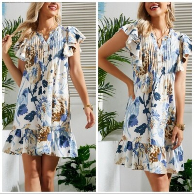 Ivory and Blue Floral Notch Neck Ruffle Hem Dress Size Medium