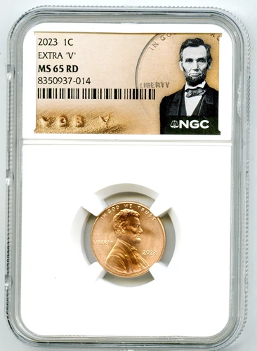 2023 EXTRA ' V ' LINCOLN ERROR CENT SHIELD PENNY NGC MS65 RD SPECIAL VDB V LABEL
