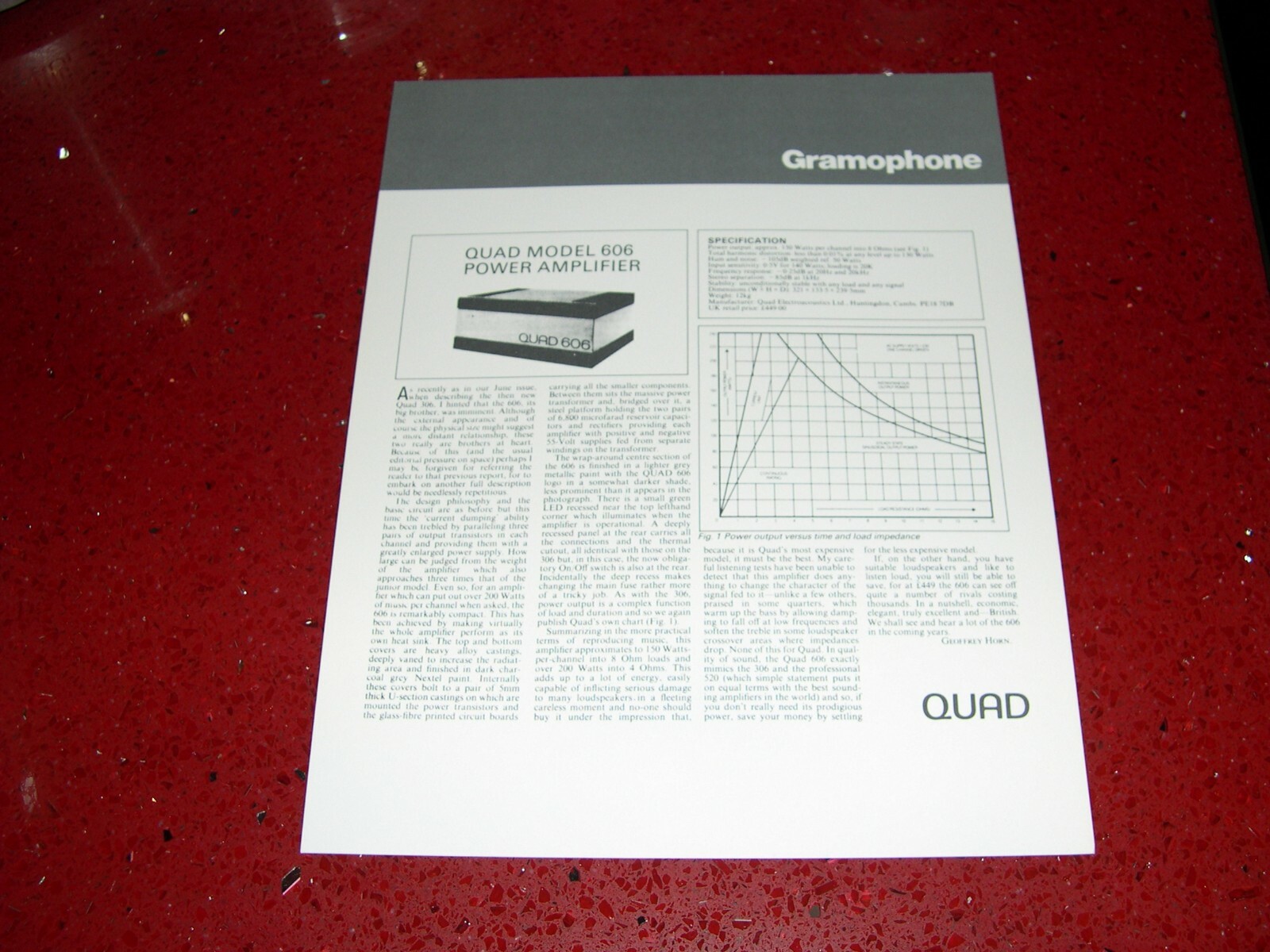 QUAD MODEL 606 POWER AMPLIFIER SINGLE PAGE SPEC SHEET