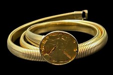 Vintage 1970s Liberty Coin Thin Gold Tone Stretch Snake Belt 32" Gold tone EUC