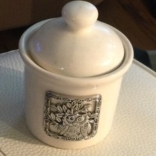 White Sugar Bowl With Lid METAL OWL EMBLEM On White Ceramic