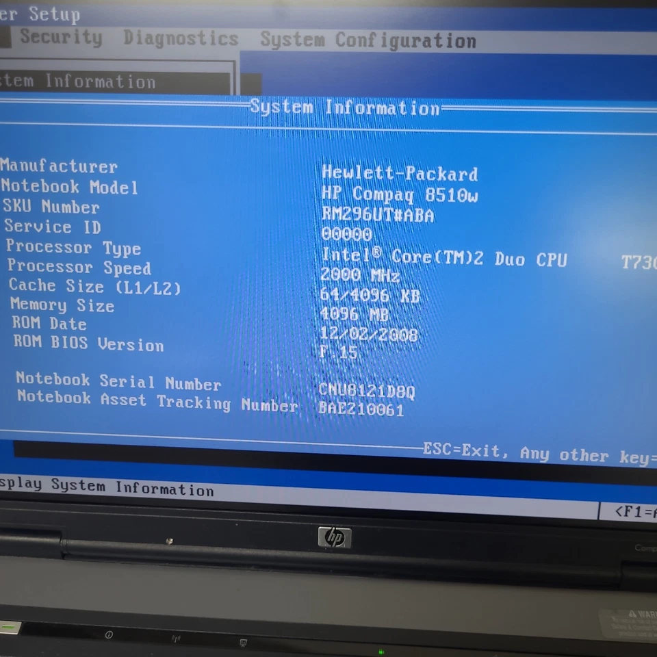 Ноутбук Compaq 8510 Вт без жесткого диска 15,4 дюйма без адаптера плохой аккумулятор как есть - Изображение 4 из 4