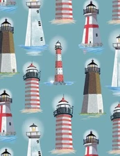 Lighthouse Fabric BTY Ocean Blue Lighthouses CD1294 Teal Cotton  