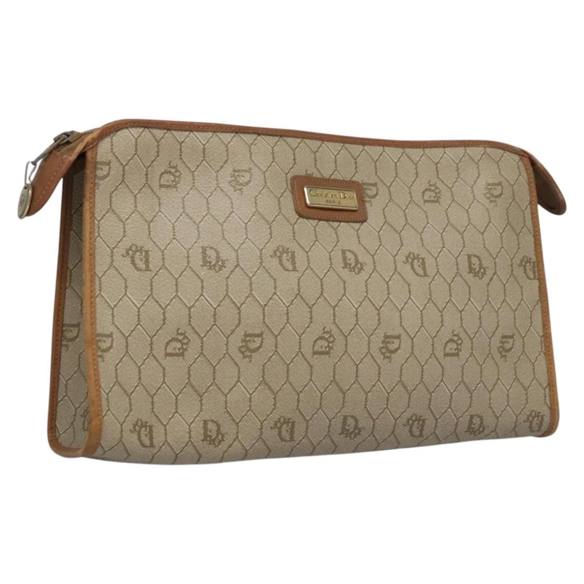 Christian Dior sac pochette toile nid d'abeille PVC cuir beige authentique ti2731