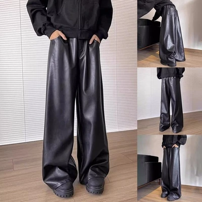 Kunstleder Retro Herren locker weites Bein gerade volle Länge Hose schwarz - Bild 1 von 4
