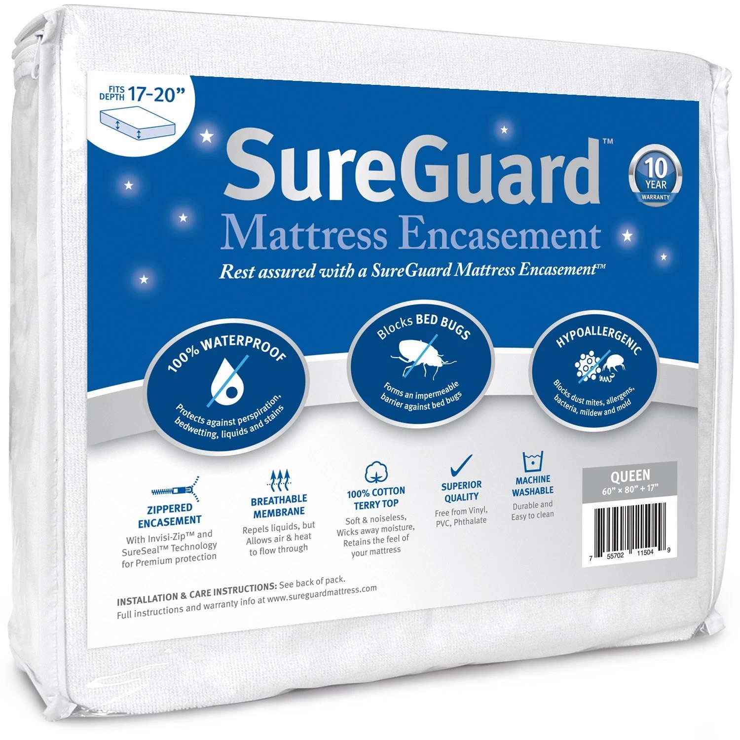Queen (17-20 in. Deep) Mattress Encasement - 100% Waterproof, Bed Bug Proof, ...