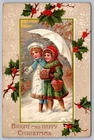 Postcard 'Bright & Happy Christmas' Two Children Walking in the Snow 1909
