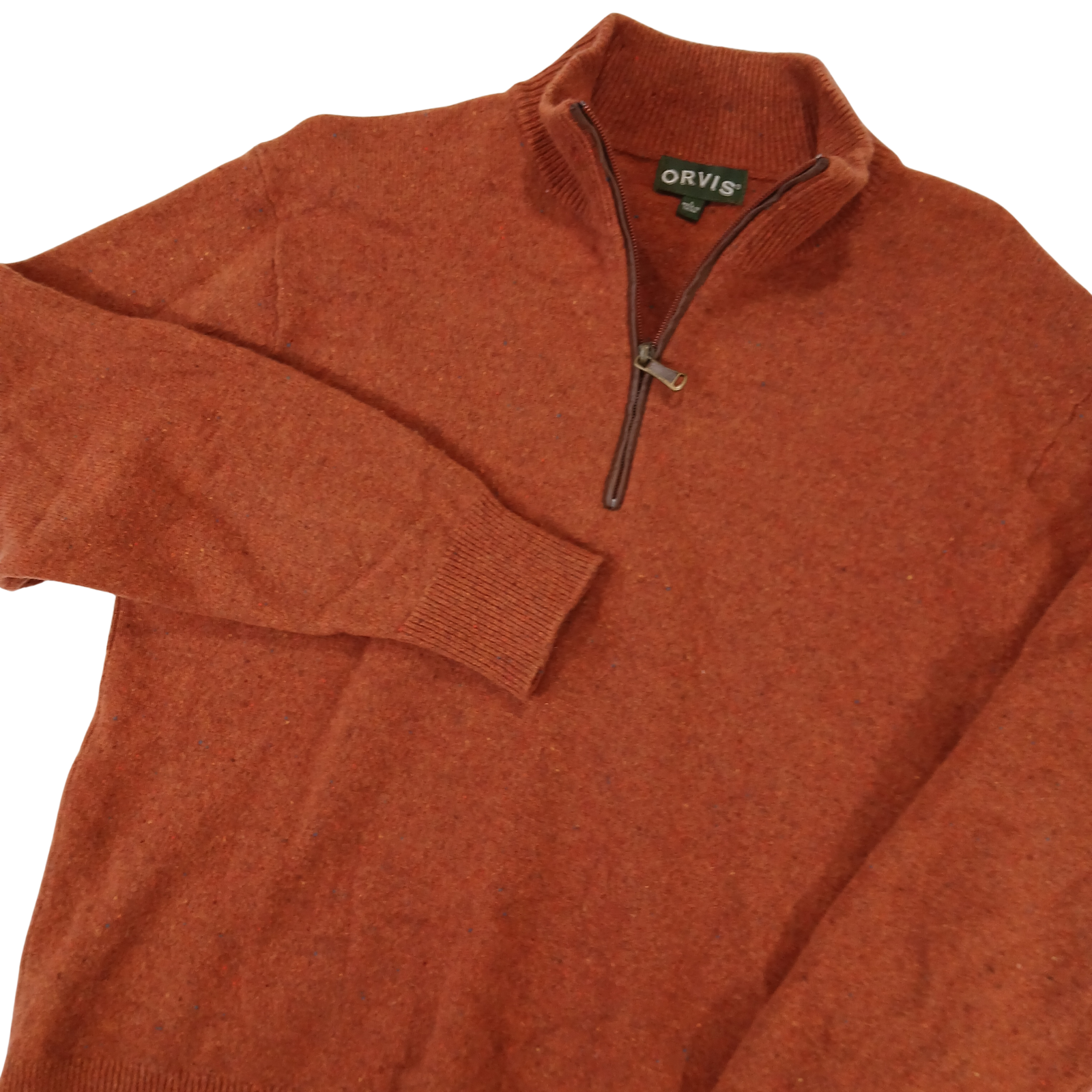 Orvis 100% Wool Quarter Zip Sweater Mens Large Rust Orange Suede Trim Pullover