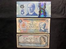 2013 / 1972 / 1954 Canadian $5 Bills - (3) Total